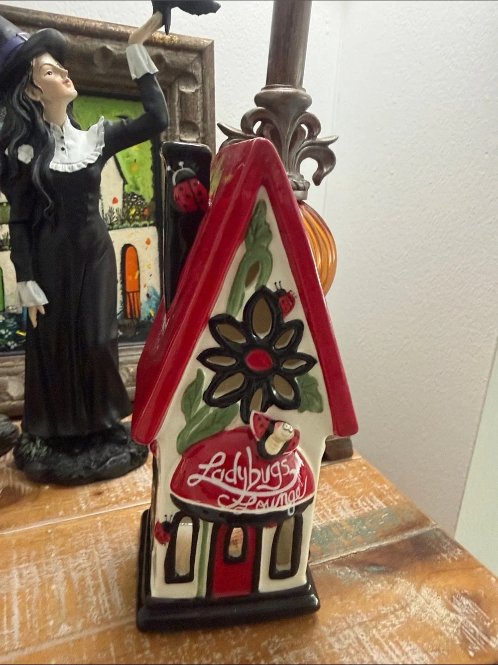 Blue Sky Red and White Ladybugs Lounge Ceramic Candle. House Decor